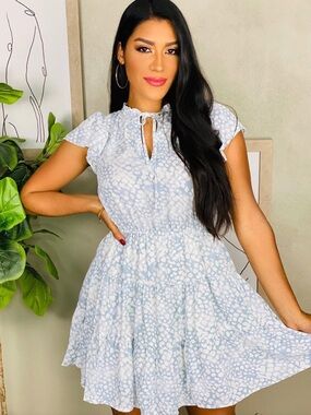 NWT Blu Pepper Light Blue & Cream Printed Tiered Ruffle Dress